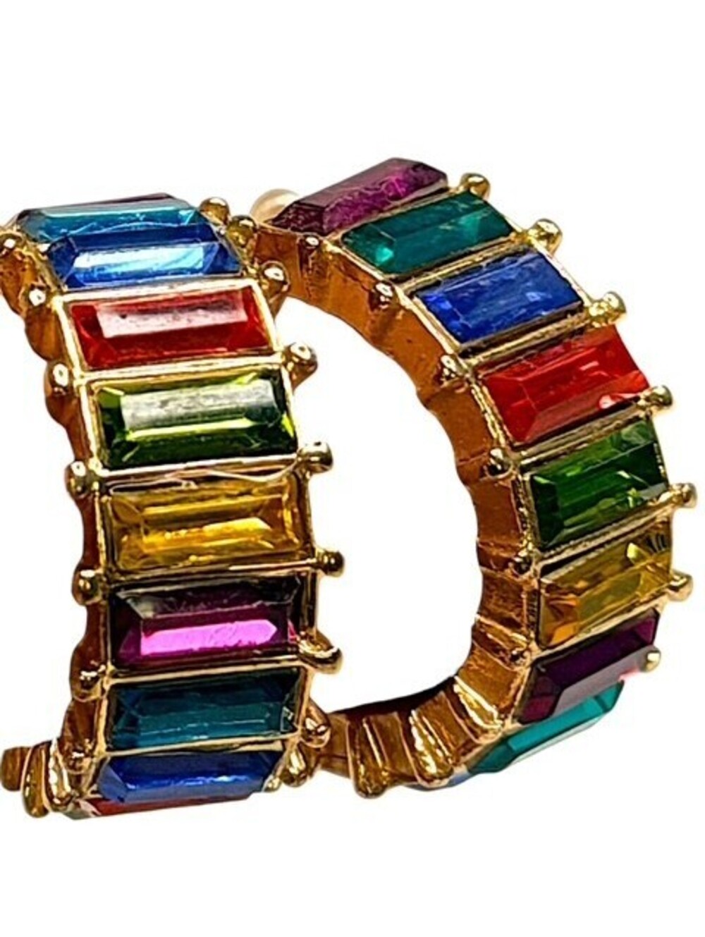 Rainbow Multicolor Baguette Rhinestone Gold Tone Hoop Earrings Statement Jewelry - Picture 5 of 8